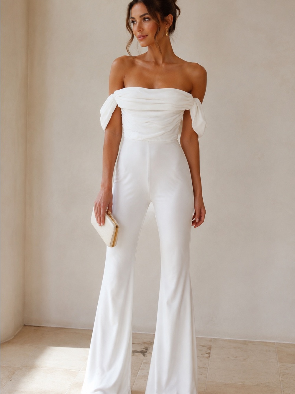 Club L London White Off Shoulder Ruched Flared Jumpsuit US 6 UK 10